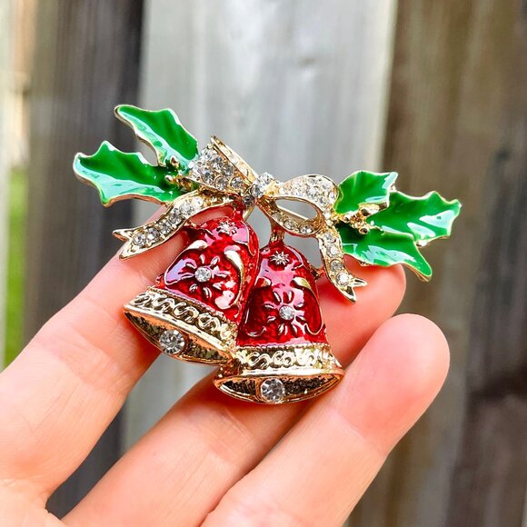 Christmas Bell Brooch Rhinestone Christmas Bell Pin Christmas Bell Pendant - Picture 3 of 5